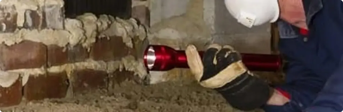 Pest control technician inspecting a crawl space for ant activity in Munroe Falls, OH
